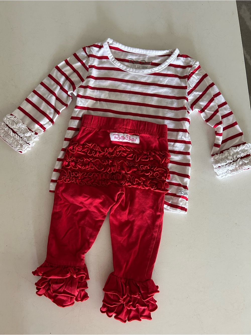 Ruffle Butts White/Red Striped Top and Red Ruffle Leggings Set | 12-18mo